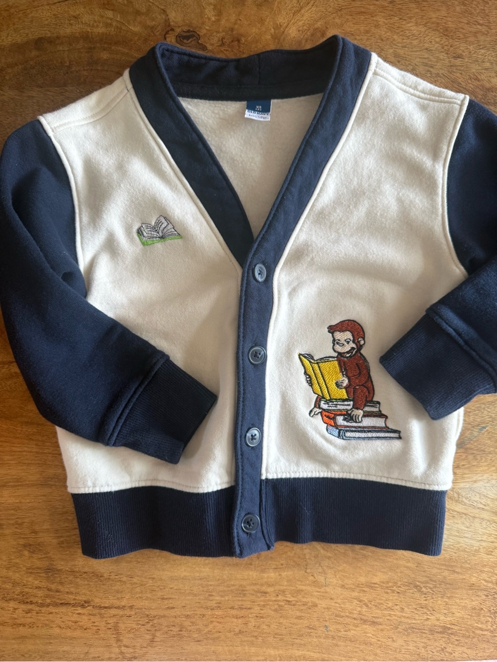 Kids' Upcycled Button-Front Cardigan Embroidered with Curious George